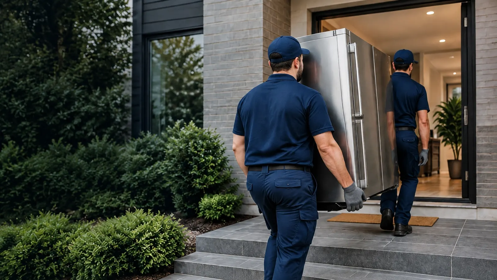 Two I-Logistics delivery professionals carrying a refrigerator into a home